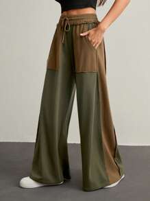 SHEIN Tall Women's Contrast Color Elastic Waist Drawstring Cargo Style Loose Pants, Summer - Multicolor - View 3