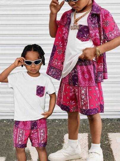 3pcs Young Boys Casual Comfortable Streetwear Graphic Print Shirt Top, T-Shirt And Shorts Set, Suitable For Daily Wear, School, Travel, Sports, Middle Eastern Style, Spring & Summer