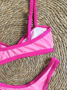 Swim Vcay 2pcs Women's Summer Solid Color Contrast Trim Spaghetti Strap High Cut Sexy Bikini Set