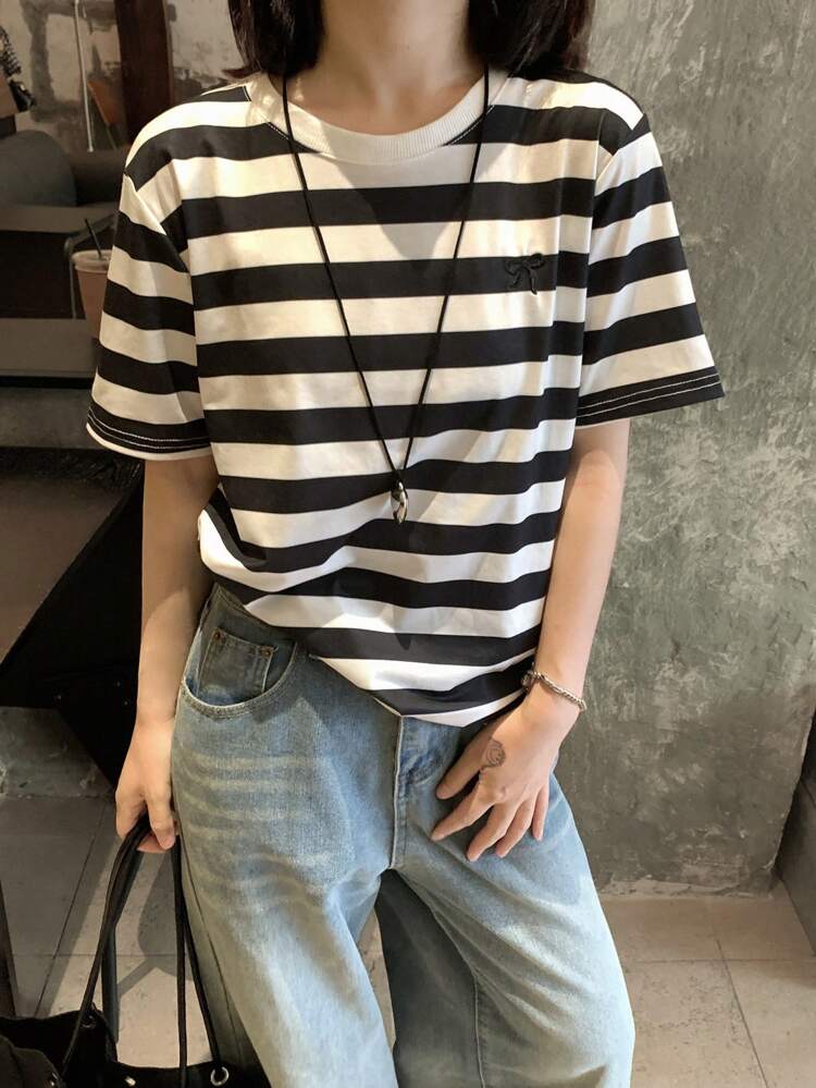 Women's Round Neck Stripe Embroidered Bowknot Short Sleeve Striped T-Shirt,Back To School Clothes