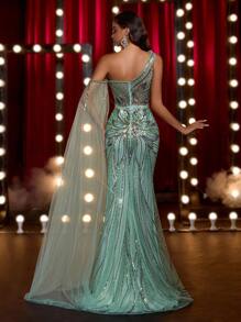 Glamrae 优雅迷人的紫红色设计，配以珠子和亮片，撞色大喇叭袖，适合婚礼、派对、度假、舞会和晚礼服 - 綠色 - 查看 4