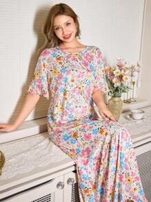 SHEIN Váy ngủ dài họa tiết hoa thêu viền bèo nhún lãng mạn mùa xuân/hè, Moo Moo - Nhiều màu - Xem 7