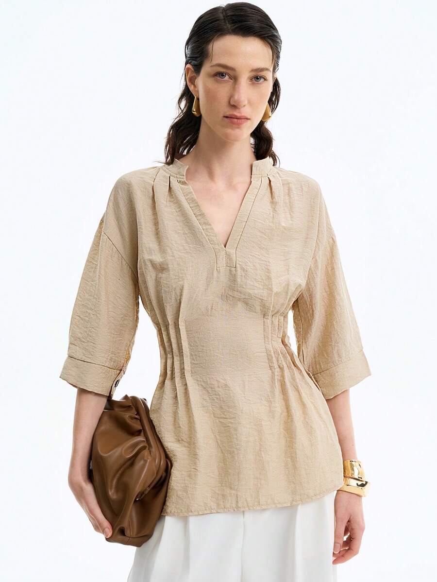 Aalyst 简约优雅亚麻混纺束腰女式衬衫 - 杏色 - 查看 1