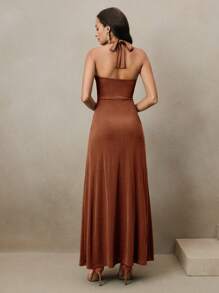 Anewsta Vestido mini sexy con cuello halter francés, cintura recortada con abertura, estilo de verano de alta gama