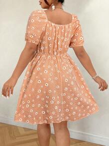 Celure Plus Size Women's Floral Print Scoop/Sweetheart Neck Puff Sleeve Romantic Vacation Dress, Textured Fabric