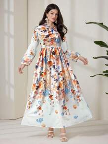 Modelyn Damen Kleid mit zufälligem Aufdruck und Langarm