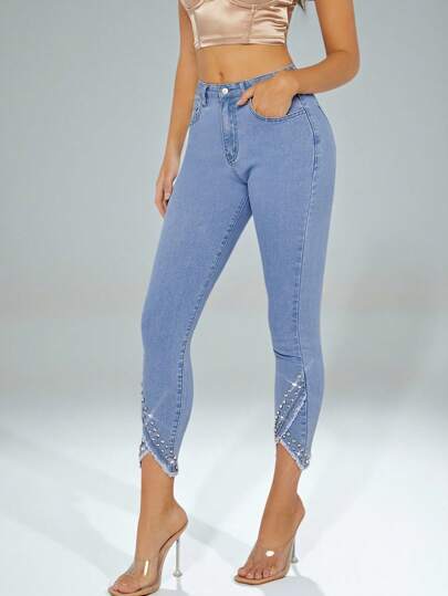 Denimoi Fall Women Clothes, Blue Sexy Rhinestone Asymmetrical Raw Hem Skinny Jeans. For Everyday Wear, Going Out, Concerts, Festivals,Party