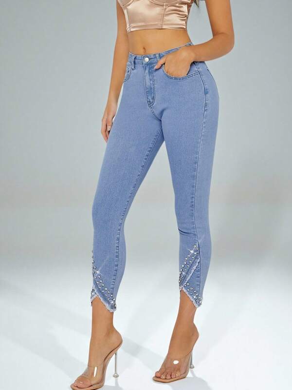 Denimoi Fall Women Clothes, Blue Sexy Rhinestone Asymmetrical Raw Hem Skinny Jeans. For Everyday Wear, Going Out, Concerts, Festivals,Party