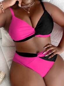 Slaydiva Plus Size Colorblock Splicing Tankini Swimwear Set For Summer Beach Vacation - Black - View 1