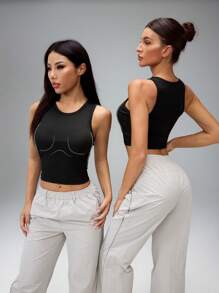 SHEIN Tall 女士休闲纯色圆领无袖背心 - 黑色 - 查看 2