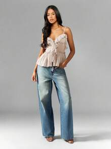 MISSGUIDED Ruffled Smocked Chiffon Cami Top Summer Blouse Party Peplum Tank Spring Festival Boho Casual Sleeveless Shirt - Apricot - View 3