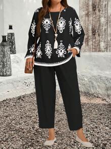 SHEIN PETITE CURVE Bộ 2 món cỡ lớn - Áo sơ mi và quần in họa tiết toàn thân, Bộ trang phục ngày lễ thường ngày Áo cánh và quần Bộ trang phục ngày lễ cho nữ Bộ trang phục ngày lễ 2 món Bộ thường ngày Áo cánh Boho cho nữ Áo cánh tay đèn lồng, Quần áo mùa thu cho nữ - màu đen - Xem 5