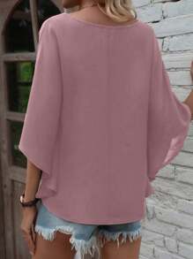 EMERY ROSE Summer Casual Solid Color Batwing Sleeve Blouse - Coral Pink - View 2