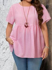 EMERY ROSE Blusa da donna taglie forti, a maniche corte, con stampa a righe e collo rotondo, adatta per l'estate