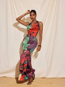 TIYA Summer Vacation Floral Print Colorful Halter Cowl Neck Tie Neck Backless Mermaid Maxi Dress