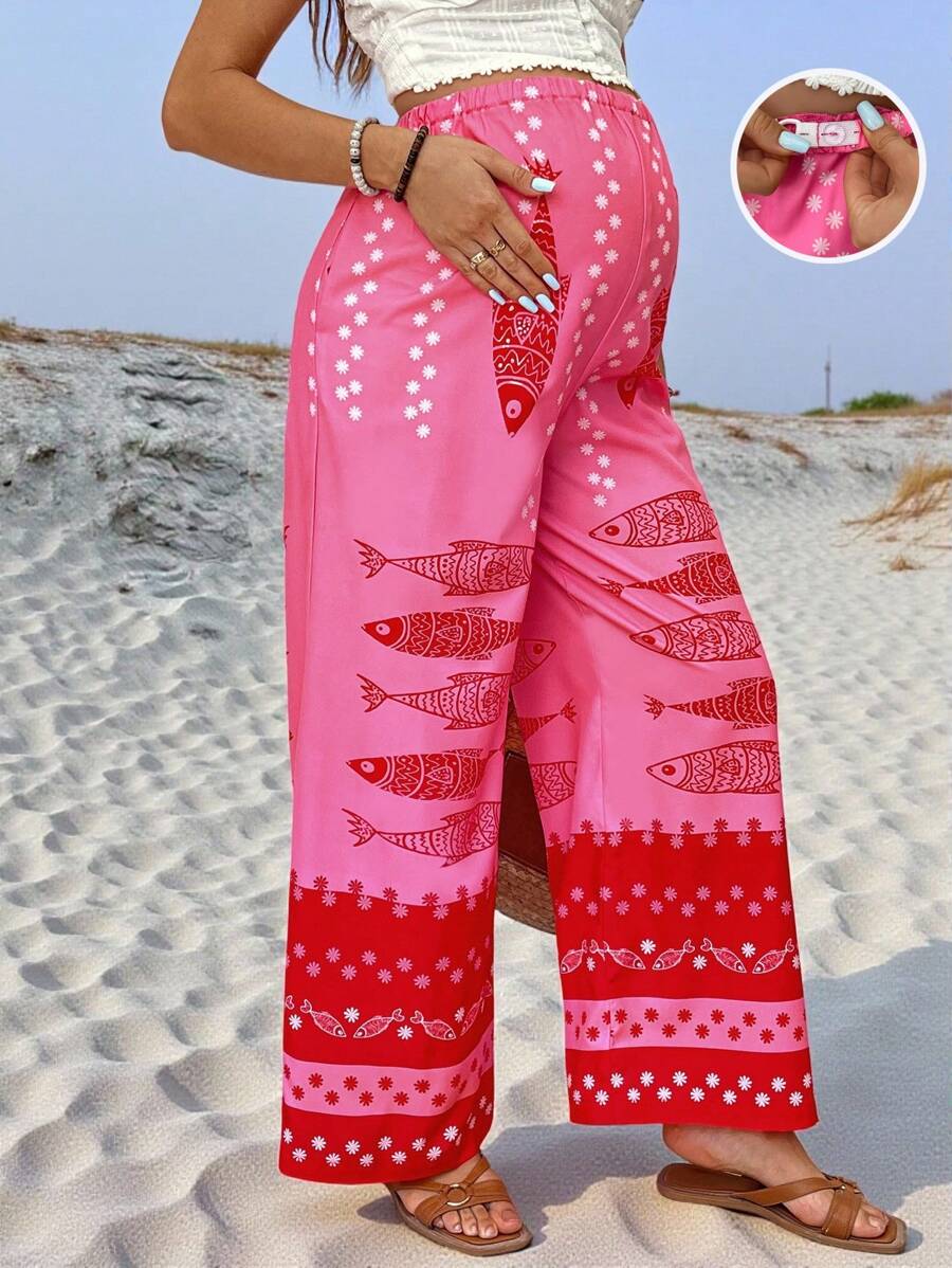 SHEIN Maternity Adjustable Waist Fish Print Loose Wide Leg Casual Pants Boho Pants Women Summer Outfits Beach Pants For Woman Summer Women Outfits Women Summer Pants - Apricot - View 1