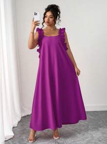 SHEIN PETITE 女士加大码优雅纯色荷叶边领连衣裙，夏季 - 紫色 - 查看 6