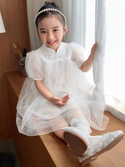 DAZY 小女孩亮片网眼蓬松短袖中长款派对连衣裙，女孩夏季服装