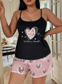 SHEIN Leopard & Heart Print Casual Camisole Top & Shorts Pajama Set, Plus Size, Outfits - Multicolor - View 3