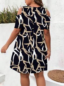 EMERY ROSE 大码休闲简约抽象线条印花露肩短袖宽松圆领连衣裙 - 彩色 - 查看 2