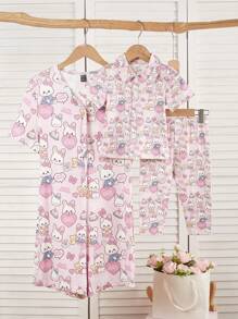 Women's Sweet Casual Cartoon Heart, Rabbit, Bow, Bear Motif Short Sleeve Shorts Pajama Jumpsuit - Pink - View 3