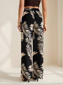 SHEIN Tall 女士热带植物印花抽绳腰休闲阔腿裤 - 黑色 - 查看 2