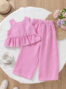 SHEIN Elladie kids 2件套年轻女孩休闲条纹背心和裤子套装，夏季儿童女孩服装套装女孩服装女孩服装11岁年轻女孩服装两件套夏装幼儿服装年轻女孩套装 - 粉色 - 查看 2
