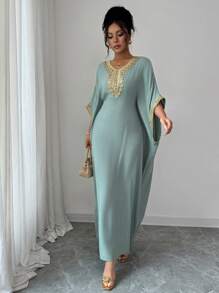 Elenzga 女式蝙蝠袖 V 领直筒连衣裙（带装饰贴片）