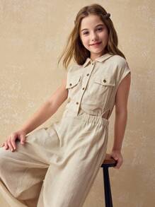Maija Kids Maija Kids Tween Girls Solid Color Collared Casual Jumpsuit - Apricot - View 4