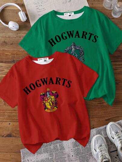 HARRY POTTER X SHEIN 2 Set Women's Letter & Badge Graphic Round Neck Short Sleeve T-Shirt