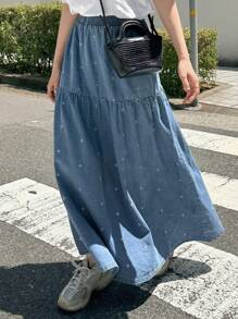 FRIFUL Women's Elastic Waist Embroidered Pleated Skirt, Casual Versatile Airport Travel Holiday Outfit