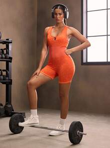 Powerista Bộ đồ liền thân thể thao hở lưng họa tiết da báo không tay cho nữ - Màu Cam san hô - Xem 2