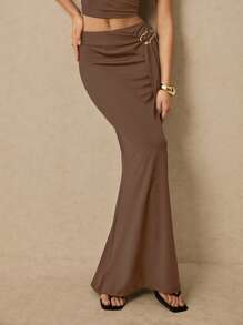 Poéselle Váy đuôi cá trơn màu thanh lịch cho nữ - màu nâu - Xem 5