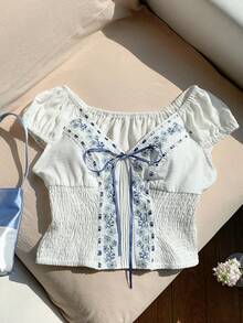 Comfortcana Summer Casual White And Blue Floral Ditsy Floral Cinched Waist Women T-Shirt Vacation - White - View 6