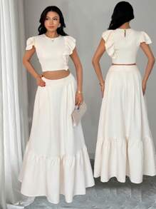 Elenzga 2pcs/Set: Asymmetrical Ruffle Hem Blouse And Skirt Set - Apricot - View 1