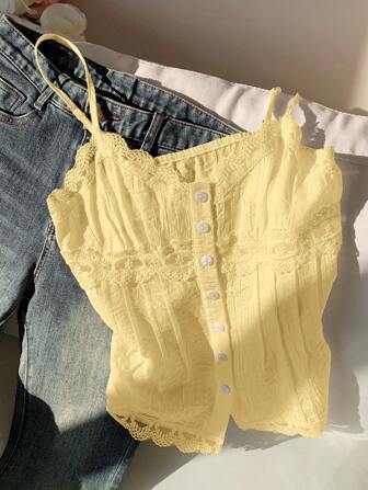 Comfortcana Damen gelbes Leinencamisole mit Spitzen-Einsatz und Knopfdesign für den Sommer