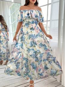 SHEIN Clasi فستان كتف مكشوف بطبعات أزهار أنيقة للمقاسات الكبيرة