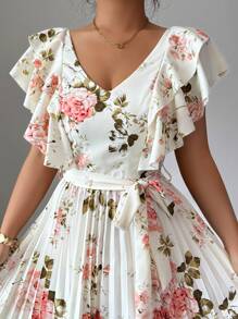 Elenzga Đầm nữ thanh lịch lãng mạn cổ chữ V tay bèo nhún, eo thắt, xếp ly, dáng chữ A, đi nghỉ - Nhiều màu - Xem 7