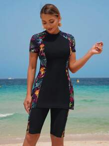 Swim Mulvari 2-Piece Outfit - Women's Round Neck Short Sleeve Bodycon Dress & Solid Color Shorts Beach Bikini Set For Summer Beach Vacation