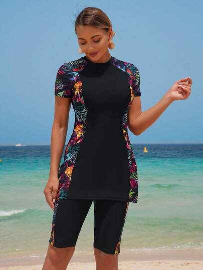 Swim Mulvari 2-Piece Outfit - Women's Round Neck Short Sleeve Bodycon Dress & Solid Color Shorts Beach Bikini Set For Summer Beach Vacation