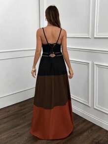 EURMUSE 分层长裙，细肩带，后背系带设计，粘胶棉面料，夏季沙滩装，度假风格，非常适合度假，透气材质，褶皱纹理，日常休闲装，波西米亚风格系列 - 彩色 - 查看 2