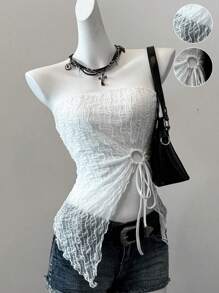 SHEIN EZwear Two Piece Set Women Black & White Mesh Drawstring   Bandeau Crop Tops