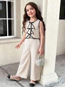 SHEIN Conjunto de 2 piezas de top sin mangas y falda entallada de línea A de punto liso para niñas jóvenes