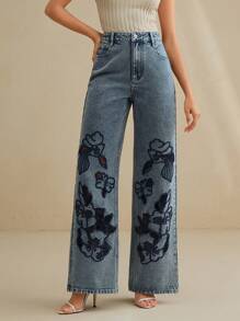 Anewsta Summer New Fashionable High-Waisted Slim Floral Embroidery Straight Wide-Leg Jeans - Blue - View 3