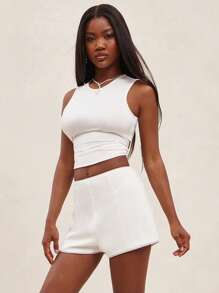 NYA SZN Women Off-White Elegant Summer Brunch Shorts,Diamond Rhinestone Embellished Hem Mini Prom Formal Concert Cowboy Cowgirl Club Statement - White - View 5