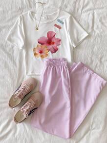 2 pièces/Set Pantalons longs décontractés à imprimé floral rayé pour adolescentes, tenue d'été