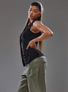 MUSERA Button Down Fitted Sleeveless Tank Top Streetwear Y2K Cool Girl Cute City Night Out Going Out Tops Club   Fall - Black - View 3