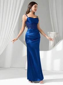 Coutiva 女士水钻装饰透明长款晚礼服，正式，派对礼服，适合婚礼宾客 - 霧霾藍 - 查看 6