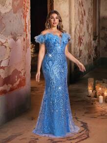 Glamrae Vestito da sera taglio sirena di lusso elegante e romantico, con scollo a V profondo, ricamato con perline e piume, spacco alto e bordo a forma di coda di sirena, in taglia oversize