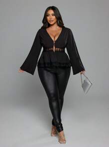 Franclia Plus Size V-Neck Lace Patchwork Ruffle Hem Long Sleeve Blouse